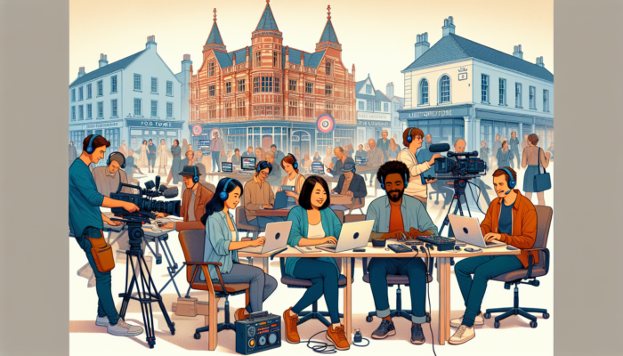 Video Content Production in Frome for Small Business: A vibrant video production studio in historic Frome, England, displaying diverse filmmakers collaborating on content inspired by local culture.