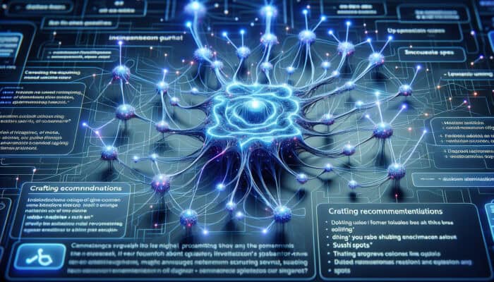 Glowing blue neural network processes "best sushi spots" query, forming semantic connections for precise recommendations in a futuristic interface.