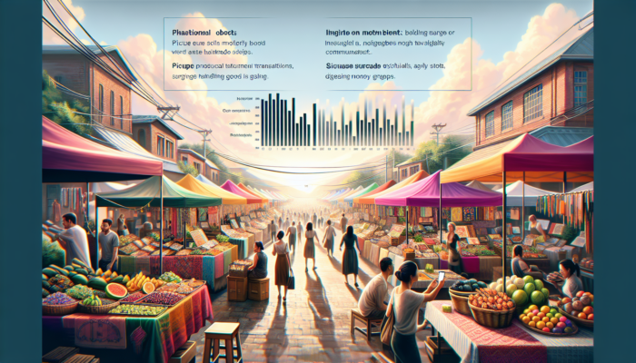 Vibrant local market featuring WooCommerce stalls showcasing handmade products on screens, customers exploring apps, and rising sales graphs under a sunny sky.