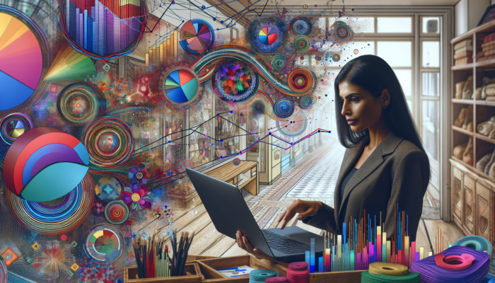 A focused entrepreneur in a Winchcombe gift shop reviews WooCommerce analytics on a laptop, surrounded by vibrant graphs depicting sales trends and customer behaviour.