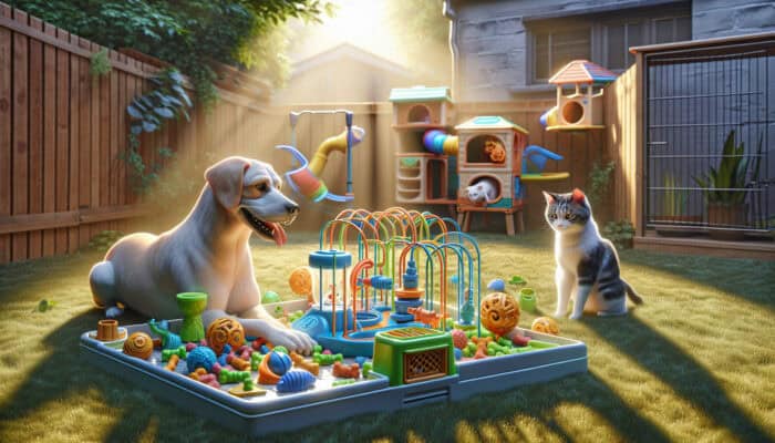 Puzzle Toys for Bored Pets: A playful dog and curious cat interact with pet puzzle toys in a sunny backyard: a treat dispenser, interactive maze, and hide-and-seek toy.
