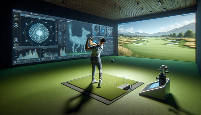 A golfer mid-swing in a high-tech indoor simulator, surrounded by screens displaying virtual courses, analytics, and data under dynamic lighting.