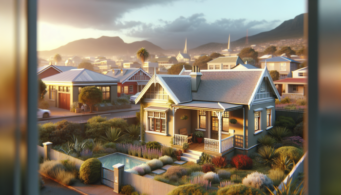 A modest entry-level home in George, South Africa, with simple architecture, small garden, near schools and transport, under sunny skies.