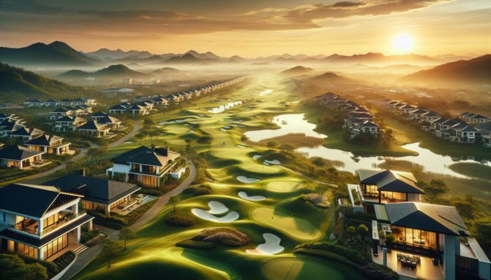 Sunrise panorama of Fairview Golf Estate: lush manicured courses on rolling hills, modern homes, sparkling water features, and distant mountains under a golden sky.