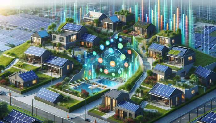 Illustration of entry-level homes evolving with solar panels, urban sprawl, and lush greenery in a vibrant neighborhood.