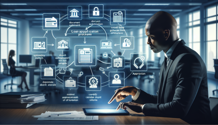 A dynamic flowchart in a modern office illustrates a diverse applicant using a tablet for loan steps: document submission, credit checks, and approval icons.
