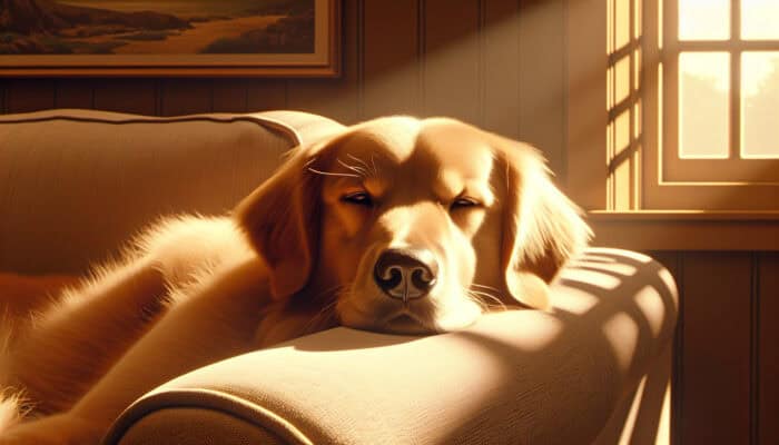 A golden retriever dog lounges lazily on a sunlit couch, eyes half-closed in contentment, symbolizing post-neutering lethargy.