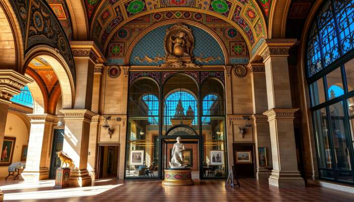 A San Miguel de Allende museum featuring a grand colonial facade, ornate arches, colourful tiles, and a blend of historical stone with modern glass.