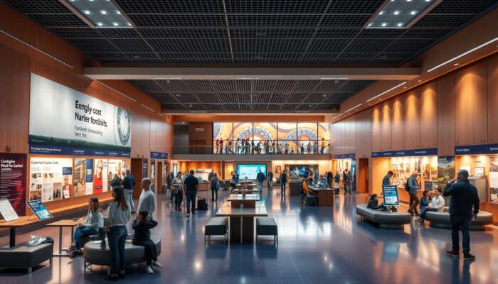 A spacious museum interior featuring clear signage, vibrant exhibits, open social areas, seating nooks, and adaptable walls bathed in warm lighting.