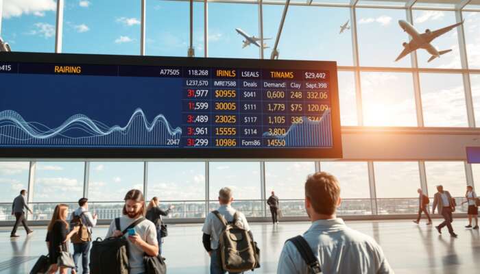 A vibrant airport scene with a digital board showing fluctuating flight prices, travellers checking apps, demand graphs, and planes taking off.