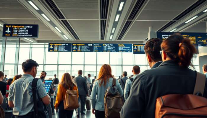 A bustling airport lounge with diverse travellers checking flight prices and schedules on digital screens, amid news headlines on global stability.