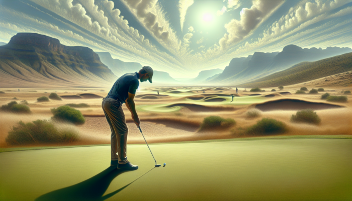 Focused golfer analysing green contours and grass grain on a sunlit South African course in Drakensberg, featuring Karoo landscape and breezes.