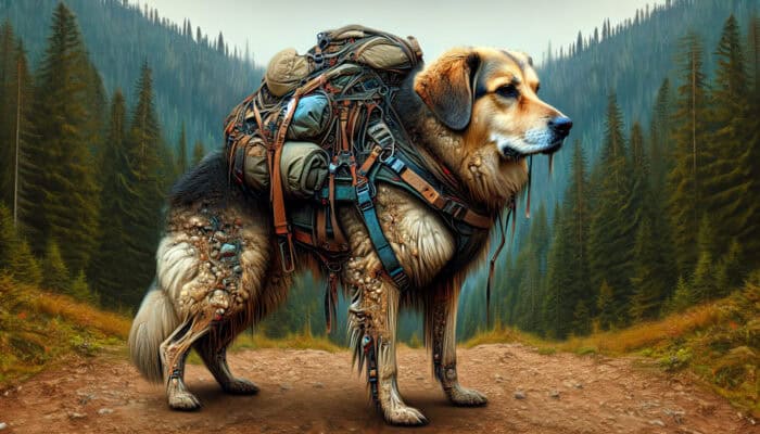 Rugged dog on a forest trail, wearing a frayed, slipping harness with cracked straps and a jammed backpack zipper, showing wear.