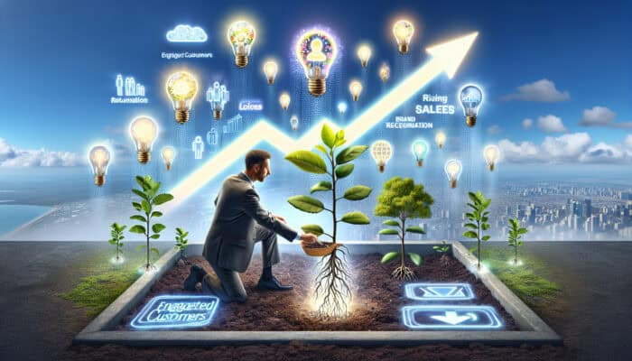 Marketer planting digital seeds that grow into a garden of engaged customers, rising sales graphs, glowing brand logos, and light bulbs under a bright sky.