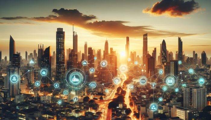 Urban map highlighting prime property hotspots with glowing markers on bustling cityscapes, skyscrapers, and diverse neighbourhoods under a golden sunset.