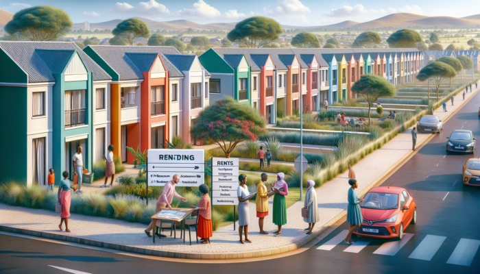 Vibrant street scene in Makhanda with modern apartments, townhouses, and people negotiating rents near shops and parks under a sunny sky.