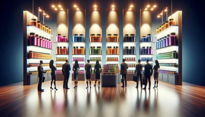A vibrant health expo scene with colourful supplement bottles on displays, marketers engaging diverse attendees with educational charts under soft lights.