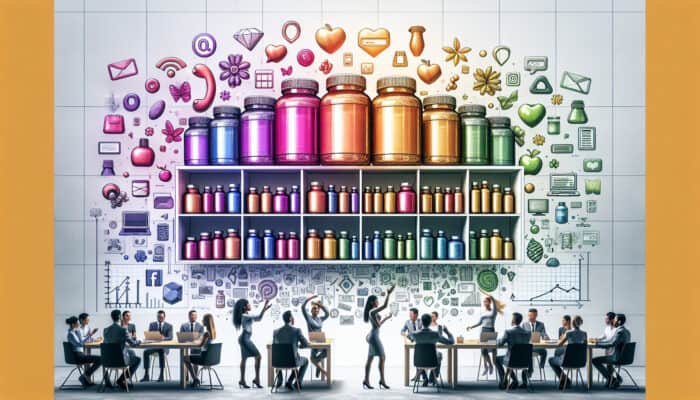 Colourful vitamin bottles on a modern shelf with laptops showing rising graphs, social media icons, and diverse consumers engaging in marketing success.