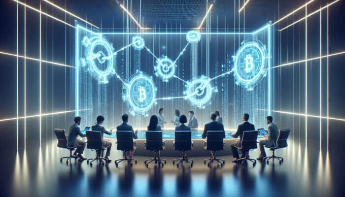 Diverse experts in a futuristic conference room analyse holographic blockchain chains intertwined with transparent ad banners under blue lighting.