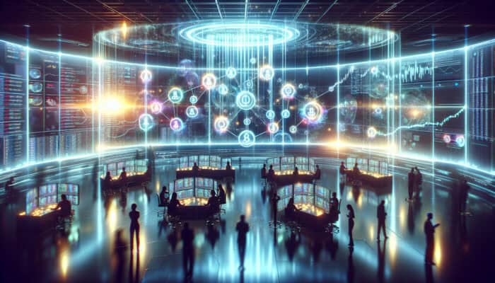 Futuristic digital command center with experts analysing glowing blockchain chains for ad tracking, screens showing scalable networks and holographic transparency displays.