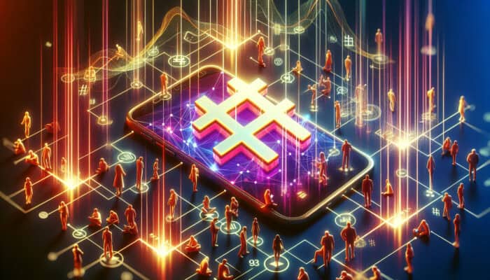 A glowing hashtag symbol at the center of a vibrant digital landscape, surrounded by smartphone users, rising graphs, viral icons, and connected social networks.