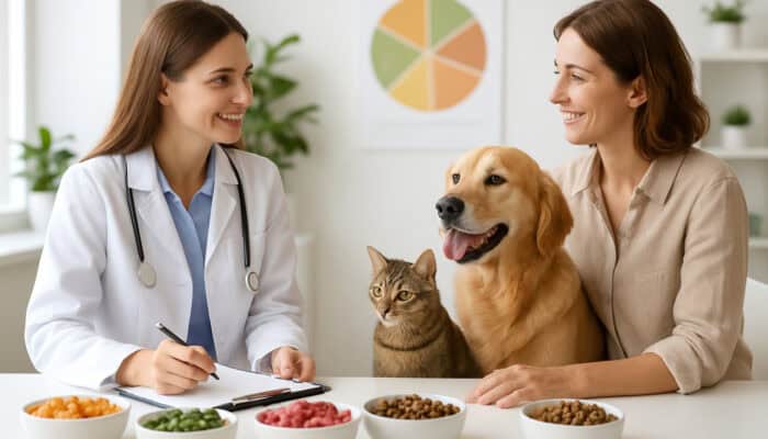 Nutritionist consulting a pet owner on healthy diets in a clinic with food bowls, charts, and playful pets.