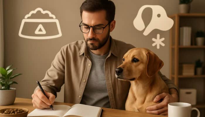 Pet owner reviewing dog food notes at a cozy desk, with a healthy dog and icons for weight and allergy management.