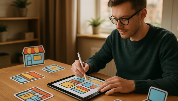 Designer sketching vibrant website layouts on tablet in Warminster office, surrounded by small business icons.