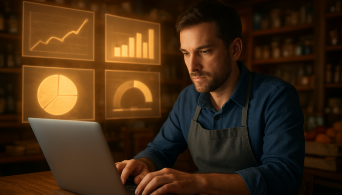 Business owner in Warminster shop analyzing Google Analytics charts on laptop.