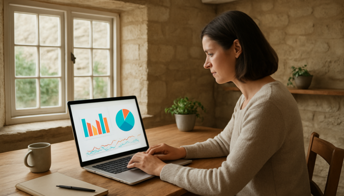 Small business owner in Painswick cottage analyses website traffic and engagement graphs on laptop.