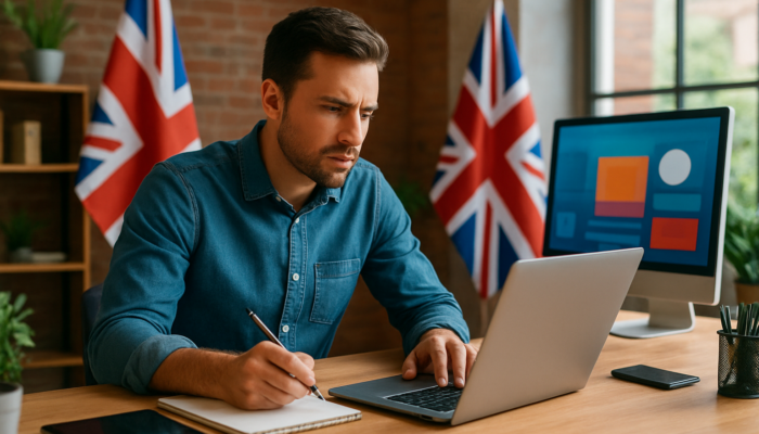Determined entrepreneur in Keynsham office designing budget website with digital tools and British flags.