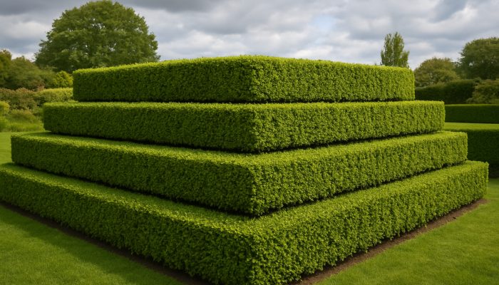 Symmetrically trimmed hedge in a lush English garden, promoting healthy growth in Stoke-Sub-Hamdon's breezy climate.