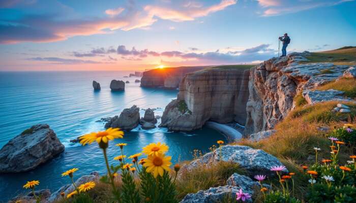 Photographer on coastal cliff at dawn capturing a vibrant sunrise over turquoise waters, with golden light illuminating wildflowers and rugged rocks, avoiding crowded areas.