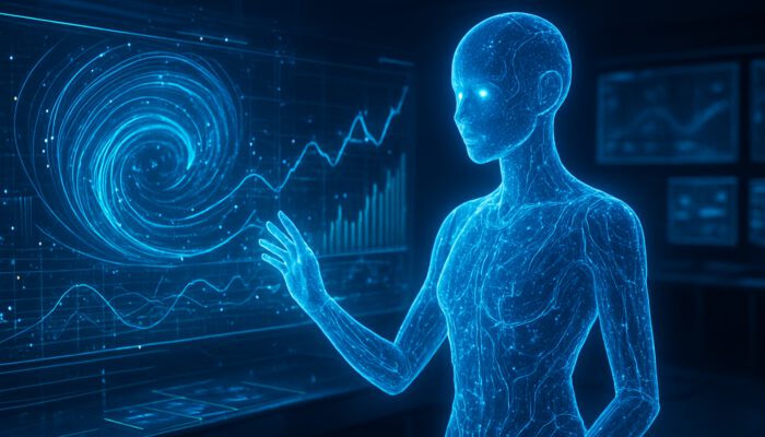 Futuristic AI assistant hologram analysing predictive data streams in high-tech command centre.