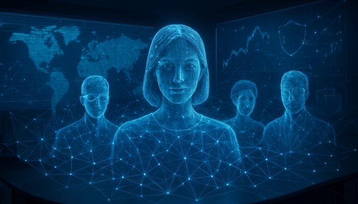 Holographic network of virtual assistants diversifying risks with stock charts, global maps, and shields in futuristic command centre.