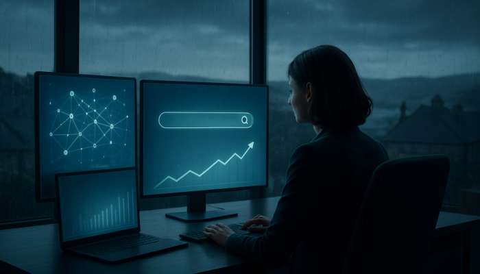 Small business owner in Clevedon analysing SEO algorithms and rising e-commerce charts on glowing screens under a rainy sky.