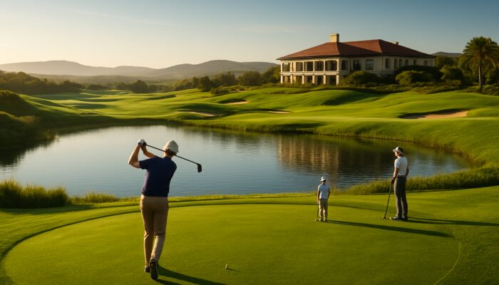 Beautiful Oubaai Golf Club course featuring pristine greens, sparkling hazards, players teeing off, and an impressive clubhouse.