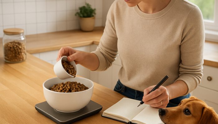 Pet owner measuring dog food with cups and scale in a sunny kitchen, with the dog watching eagerly.
