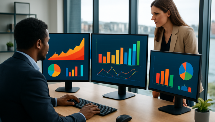 Small business owners in a modern Poole office assess vibrant social media dashboards with rising engagement and conversion graphs.