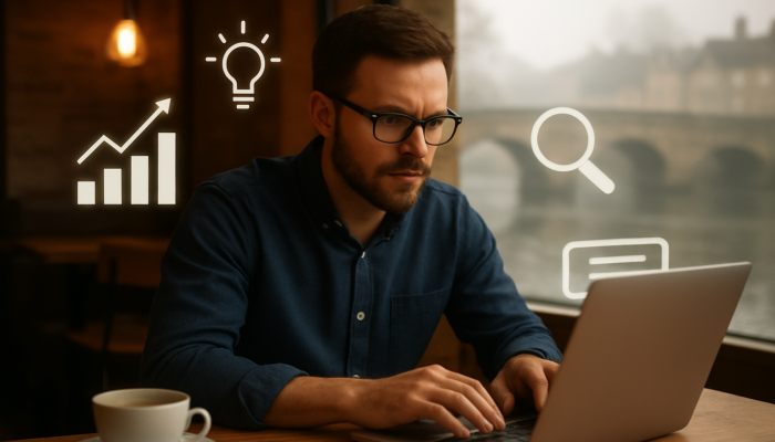 Small business owner in Bridgwater optimizing laptop with SEO icons at cafe, historic bridge background.