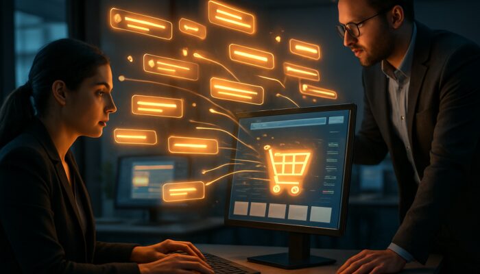 Analysts extracting valuable keywords from floating reviews to enhance a vibrant e-commerce website.