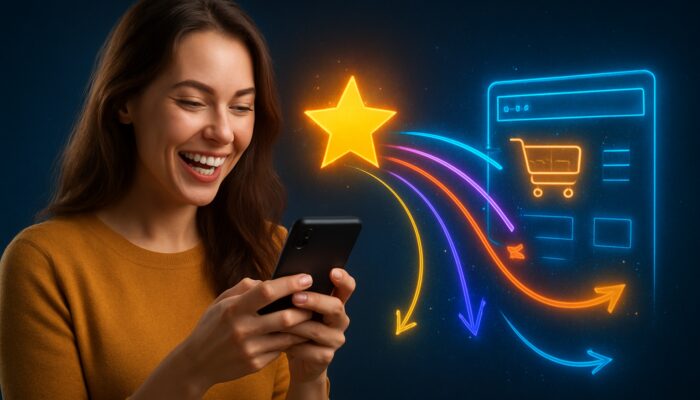 Happy customer on smartphone sharing a review, with vibrant links to a bustling e-commerce site symbolising SEO growth.