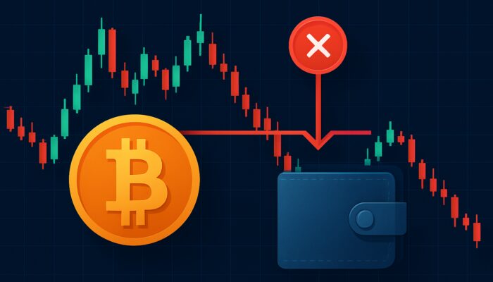 Bitcoin price chart with red stop-loss line triggering sell order in volatile cryptocurrency trading.