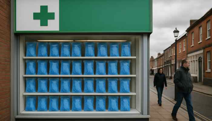 Sterile blue medical gloves on shelves in Burton upon Trent pharmacy window.