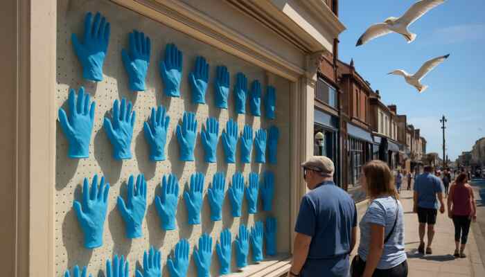 Rows of blue latex gloves displayed in a shop window in Lytham St Annes, illuminated by sunlight with seagulls overhead.