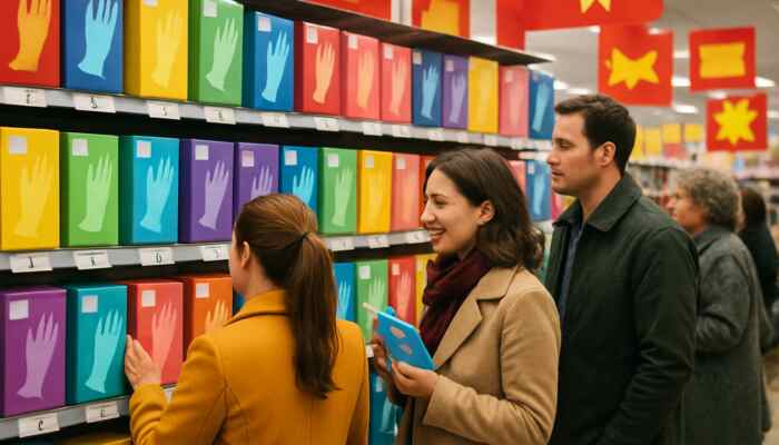 A lively shop in Lytham St Annes featuring colourful boxes of latex gloves, prices ranging from £5 to £15, with eager shoppers comparing their options.