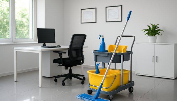 A pristine Ilchester office featuring gleaming surfaces and framed certificates from the British Institute of Cleaning Science.