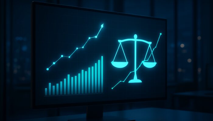 Modern financial dashboard displaying the Calmar Ratio, upward-trending stocks, and a balance of risk-return in a contemporary office setting.