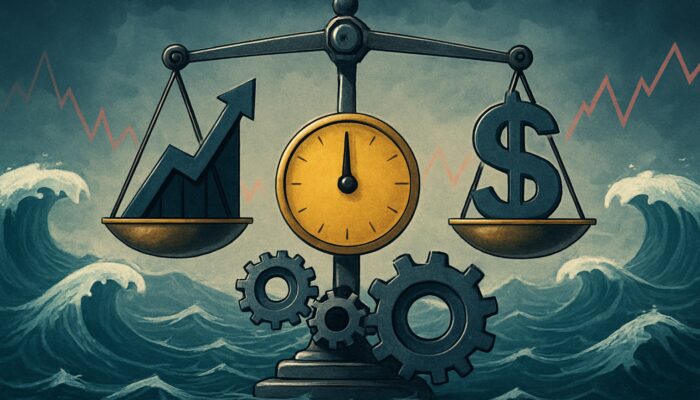 Financial scale weighing the Calmar Ratio amidst market volatility and mechanisms adjusting for risk.
