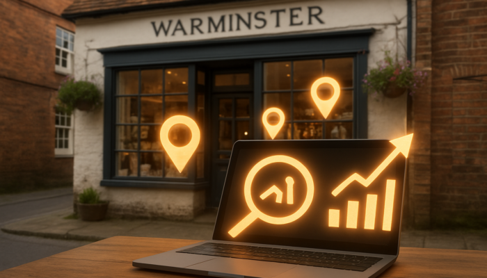 Historic Warminster storefront adorned with SEO icons, location pins, and rising rankings displayed on a laptop.